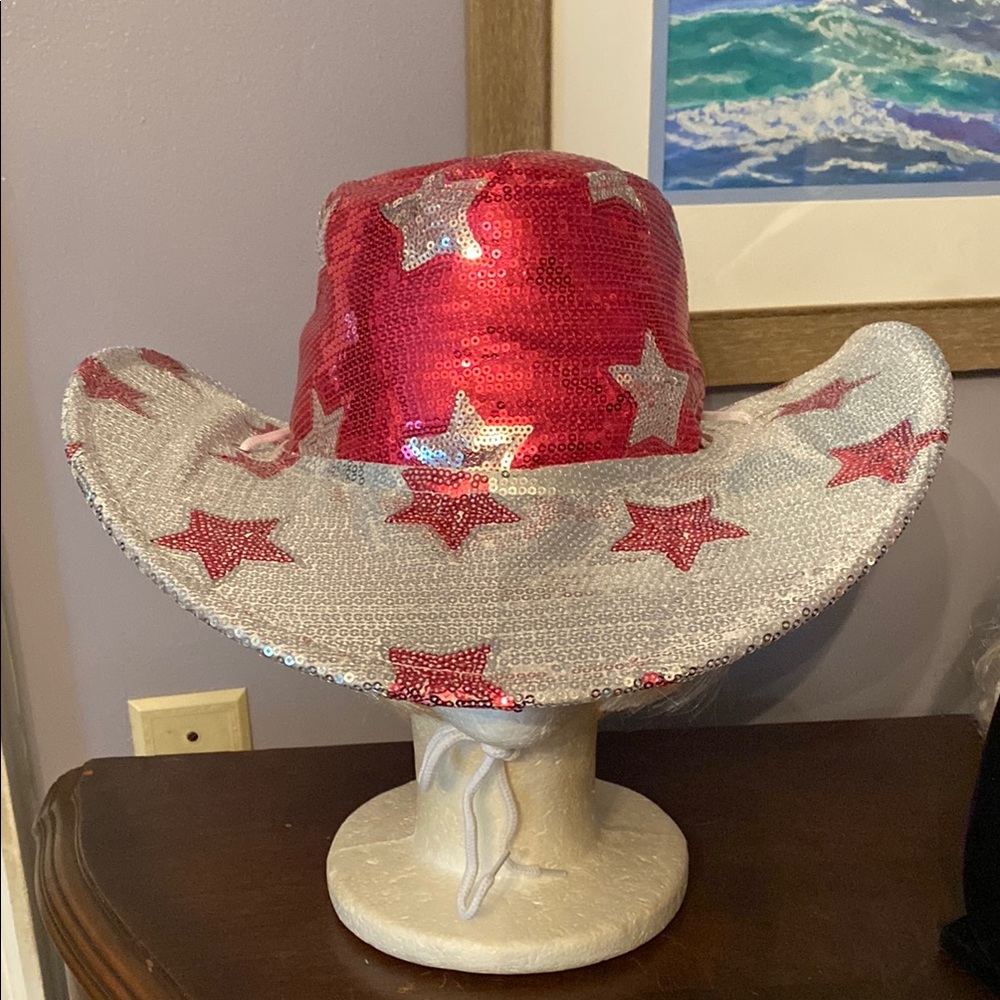 Red silver color Cowgirl Western style Hat with Stars Sequins Women's Halloween